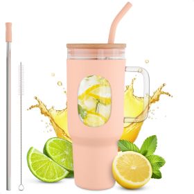 46 Oz Glass Tumbler with Straw and Lid Peach Glass Water Bottle with Natural Bamboo Lid 2 Slim and Boba Straws Silicone Sleeve Dishwasher Safe Ca