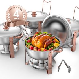 Chafing Dish Buffet Set, 5 Qt 4 Pack, Stainless Steel Chafer with 4 Full Size Pans, Round Catering Warmer Server with Lid Water Pan Folding Stand (Set: 4 Pcs, Style: Rose Gold)