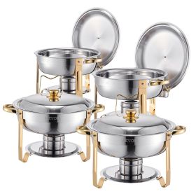 Chafing Dish Buffet Set, 5 Qt 4 Pack, Stainless Steel Chafer with 4 Full Size Pans, Round Catering Warmer Server with Lid Water Pan Folding Stand (Set: 4 Pcs, Style: Golden)